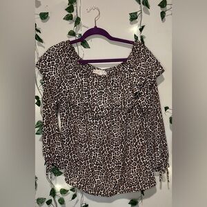 Michael Kors Brown and Cream Leopard Print Ruffled Blouse (P2P 22in, length 25in